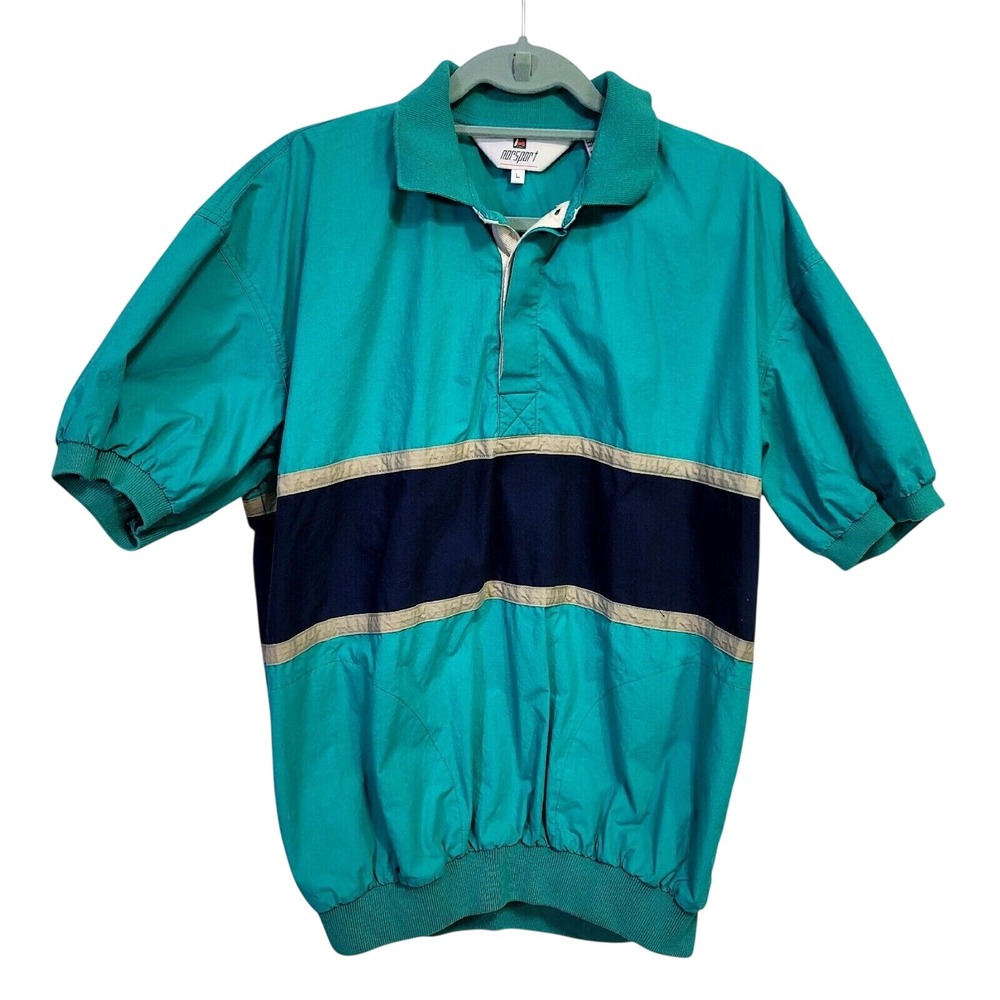 Vintage Norsport Mens Teal Colorblock Windbreaker Polo Shirt Large Cotton 90s